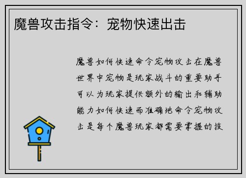 魔兽攻击指令：宠物快速出击